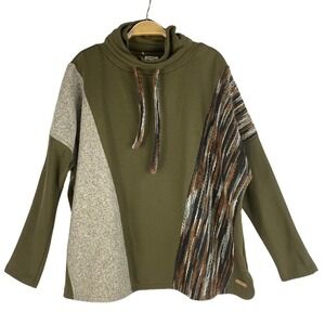BKE Cowl Neck Patchwork Sweater Women S Olive Green Dolman Sleeve Art Boho NEW